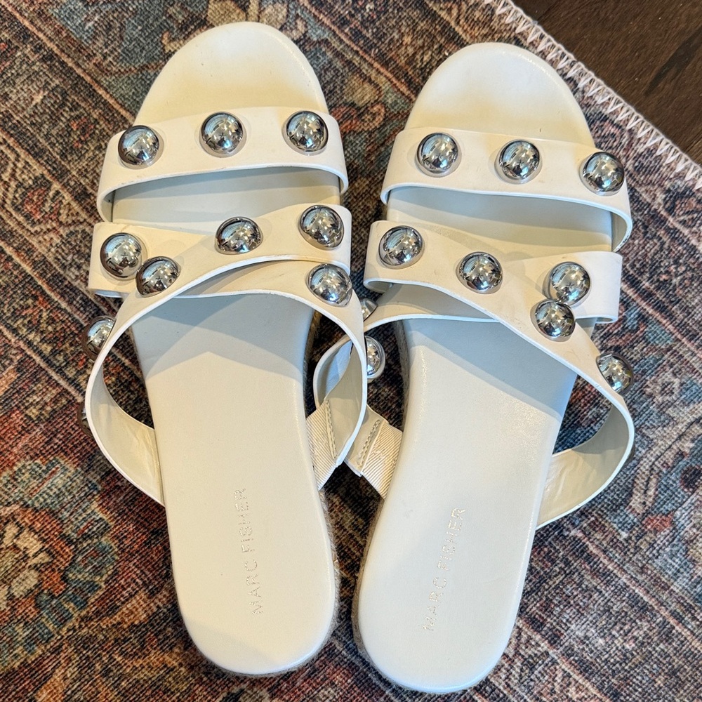 Marc Fisher White Slide Sandals with Silver Studs